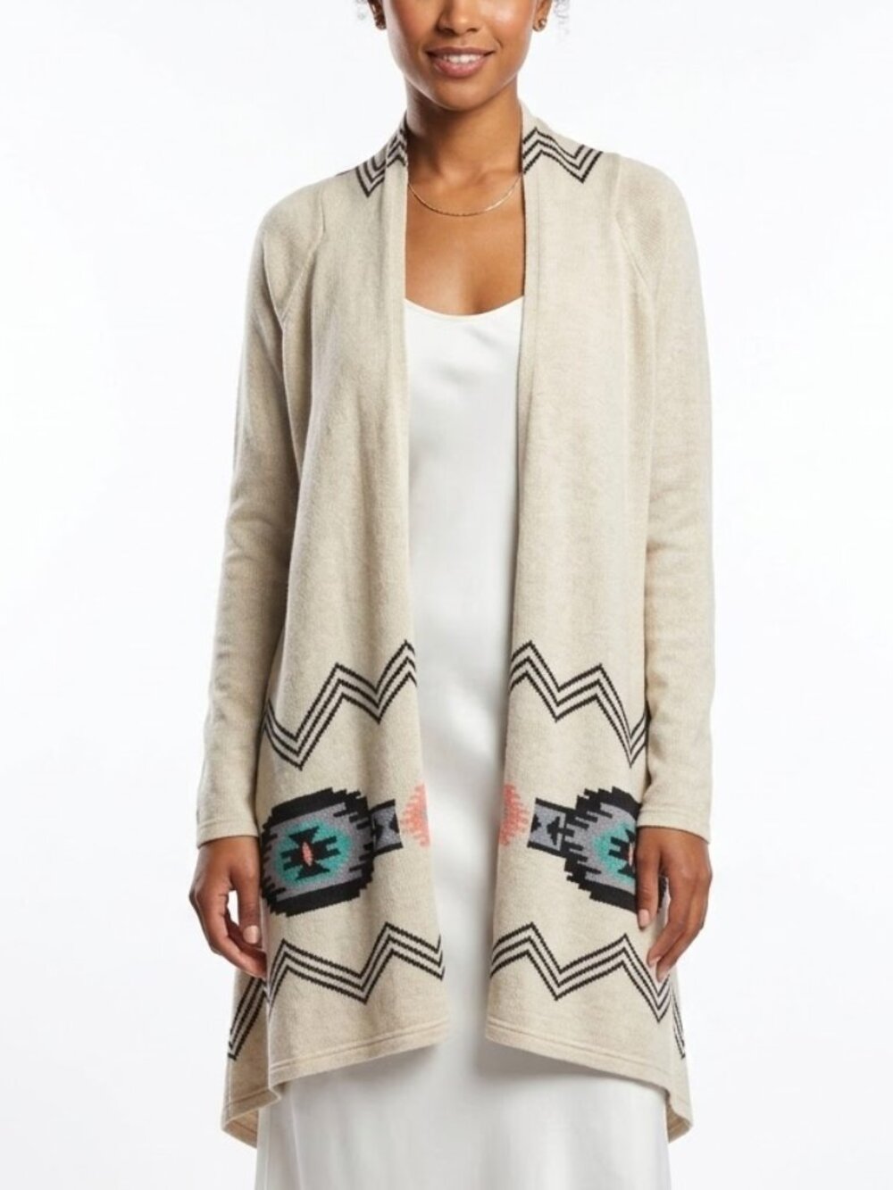 California Gypsy Southwestern Aztec Open Front Cardigan Duster Black Cream L